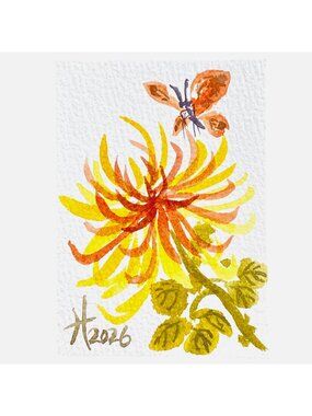 ACEO Original Art Watercolor Spider Chrysanthemum Mini Painting ATC